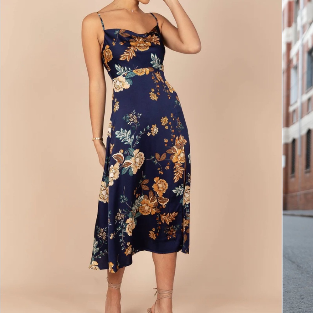 Petal and pup size 2 cowl neck navy floral midi dress.